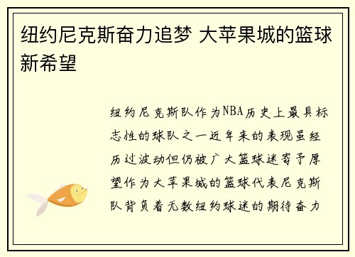 纽约尼克斯奋力追梦 大苹果城的篮球新希望