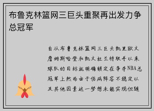布鲁克林篮网三巨头重聚再出发力争总冠军